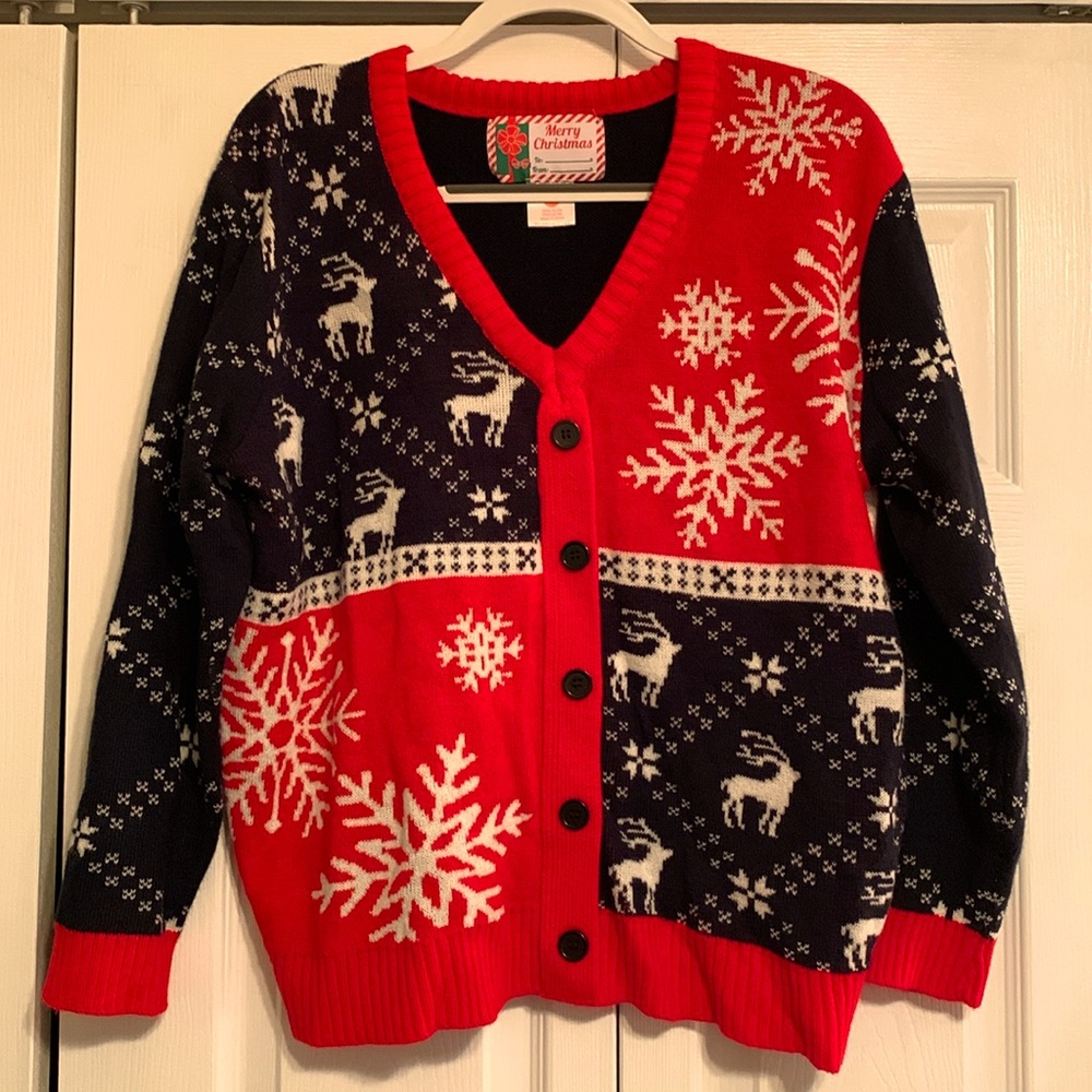 Christmas V-Neck faux cardigan sweater, size large, EUC